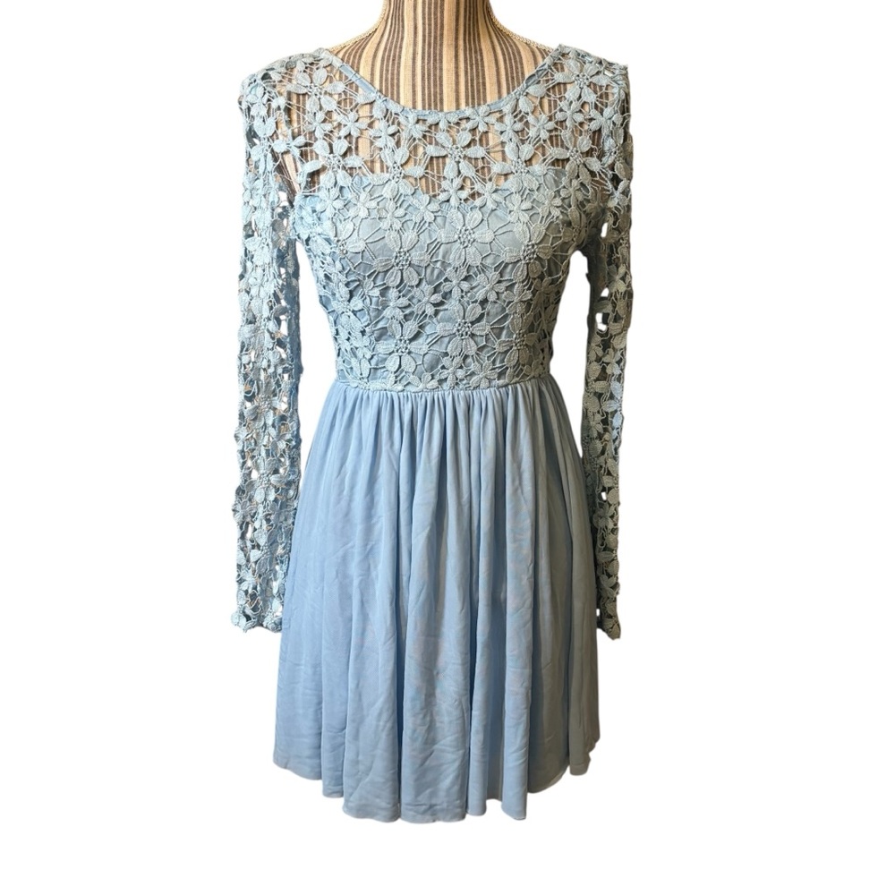 🇺🇸 Mini Dress FLAWED Med Jrs Baby Blue Lace Chiffon Princess Dress Long Sleeves